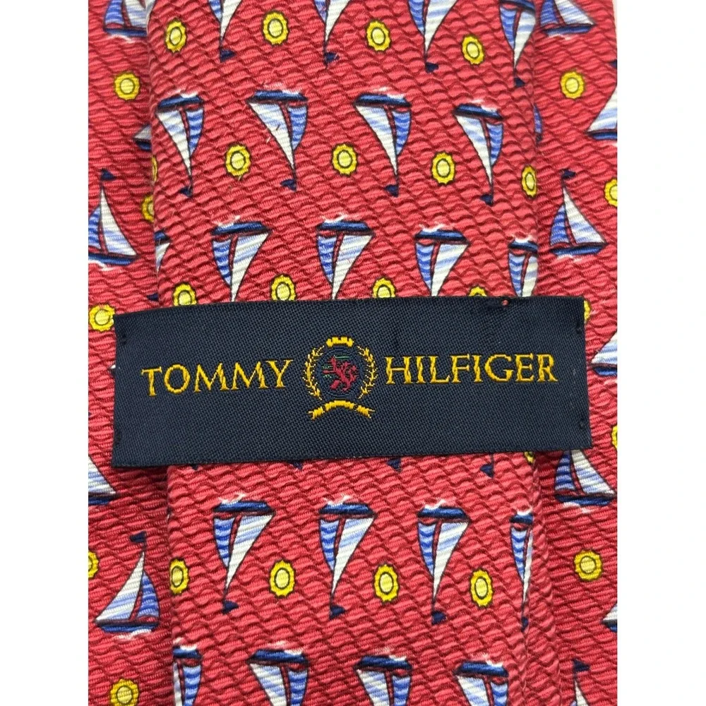 Tommy Hilfiger Men's 100% Silk Red Sailboat Tie Nautical Sun Motif Made in USA